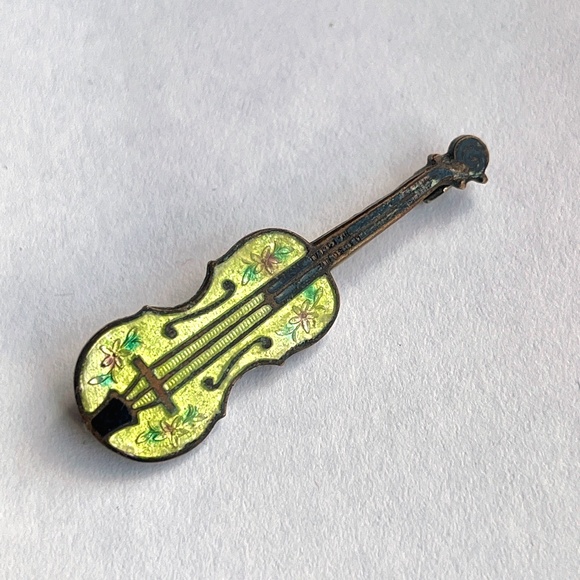 Antique Enamel Fiddle Violin Brooch - Picture 1 of 15